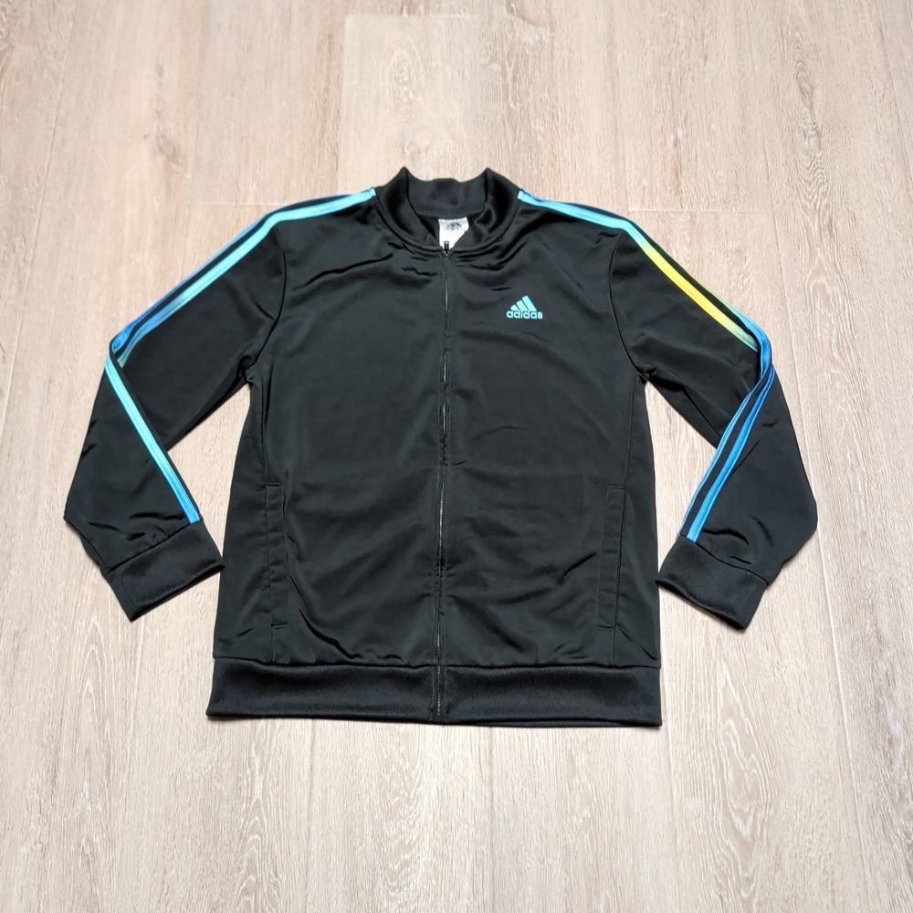 Adidas Track Jacket Youth L 14/16 Black Blue Ombre 3-Stripe Sleeve Full Zip Logo